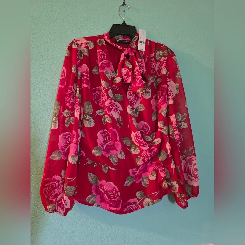 New York & Company Rose Print Blouse - Red and Green